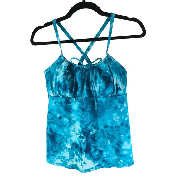 Lands' End Tie Front Underwire Tankini Top Removable Soft Cups Tie Dye Blue 12 - Picture 1 of 3
